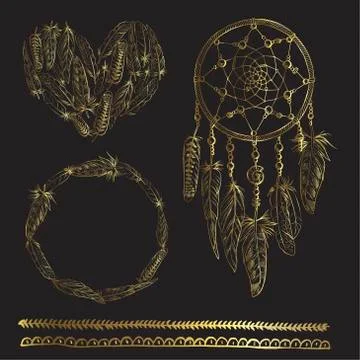 Golden luxury set of boho elements. Vector illustration with Dreamcatcher Illustrazione stock