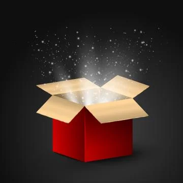 The golden magic box is red without text. Realistic illustration on a dark .. Иллюстрация