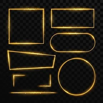 Golden magic light frames and elements isolated on black. Shiny orange borders Illustrazione stock