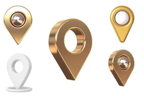 Golden map pointer collection 3D rendering illustration isolated on white b.. Stock Illustration