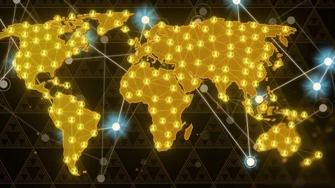 Golden map pulsing and sending lines after western node sparking showing world Stock Footage 334744204