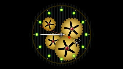 Golden mechanical clock gears with glowing green lights on a dark background Stock Footage 347364957
