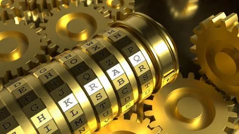 Golden Mechanical Encryption Lock with Rotating Gears System 3d render. Stockillustratie
