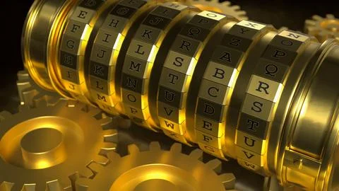 Golden Mechanical Encryption Lock with Rotating Gears System 3d render. Stock Illustration