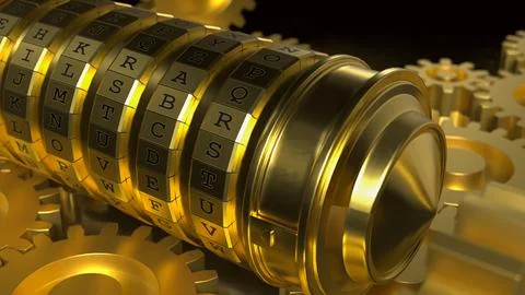 Golden Mechanical Encryption Lock with Rotating Gears System 3d render. 스톡 일러스트