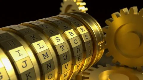 Golden Mechanical Encryption Lock with Rotating Gears System 3d render. 스톡 일러스트