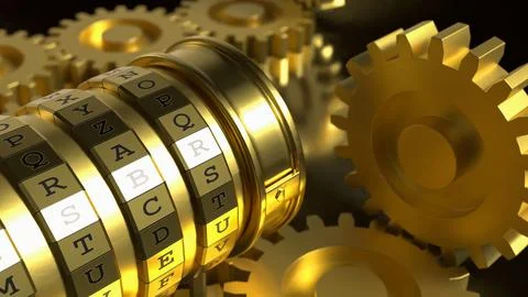 Golden Mechanical Encryption Lock with Rotating Gears System 3d render. 스톡 일러스트