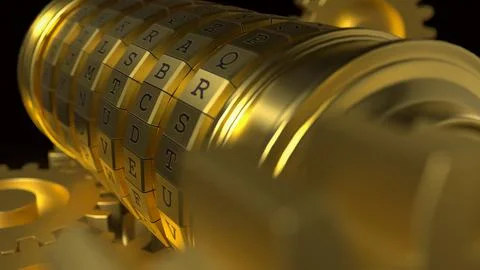 Golden Mechanical Encryption Lock with Rotating Gears System 3d render. 스톡 일러스트