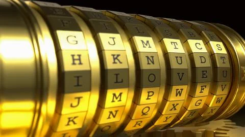 Golden Mechanical Encryption Lock with Rotating Gears System 3d render. Stockillustratie