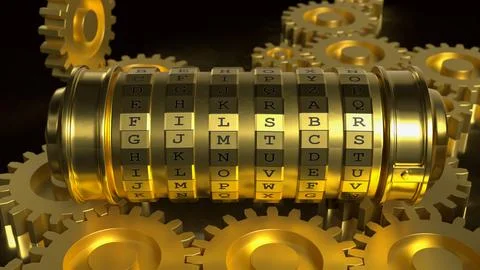 Golden Mechanical Encryption Lock with Rotating Gears System 3d render. Illustrazione stock