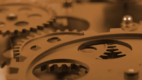 Golden Mechanical Gears Macro Abstract Motion Shallow Depth Engineering Conc Stock Footage 331618723