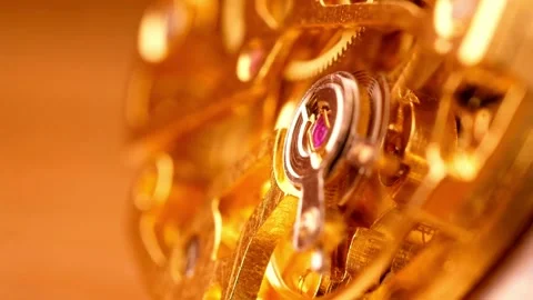 Golden mechanical watch movement with rotating gears and springs Stock Footage 332284871