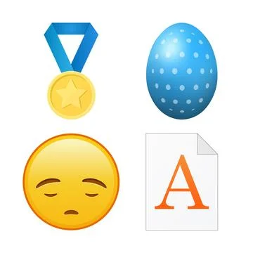 Golden medal, blue easter egg, sad face and file document. Set of 4 icons Stock Illustration