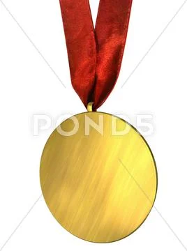 Golden Medal with Red Ribbon Isolated on white Stock Photos