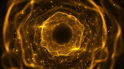 Golden mesh vortex background glowing flower ring, particle dots, dark center Stock Footage 340468246