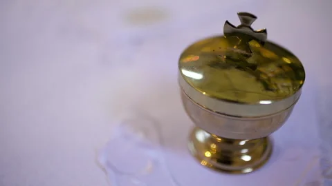 Golden metal container on white studio background Stock Footage 336467655