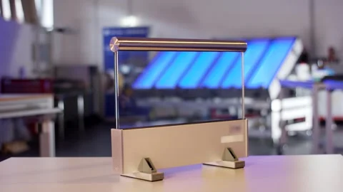 Golden Metal Sample Frame on Bright Table, Blue Lit Factory Hall, Medium Shot Vídeo Stock 341297763