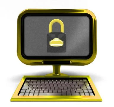 Golden metallic computer with closed padlock on screen isolated illustration Stock Illustration