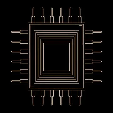 Golden Microchip Illustration with Symmetrical Pins on Black Background 库存插图