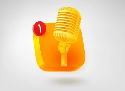 Golden microphone button. 3d vector mobile application icon Stock Illustration