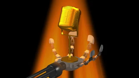 Golden Microphone in robot hand Stock Footage 334880707