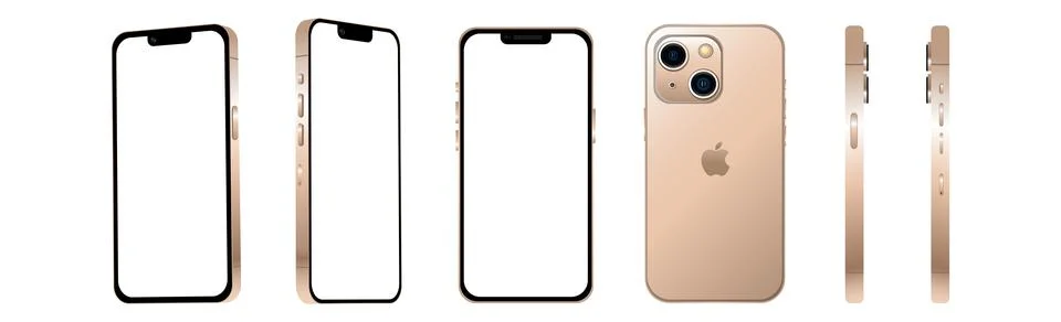 Golden modern smartphone mobile iPhone 13 MINI in 6 different angles on a whi Stock Illustration