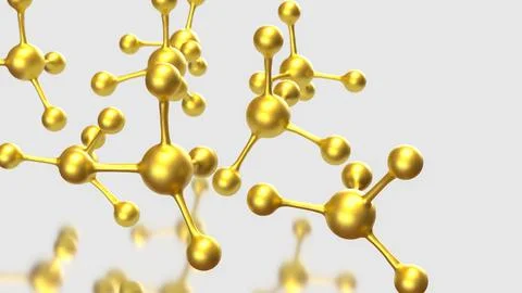 Golden Molecular Structures on Minimal White Scientific Background 3d render. 库存插图