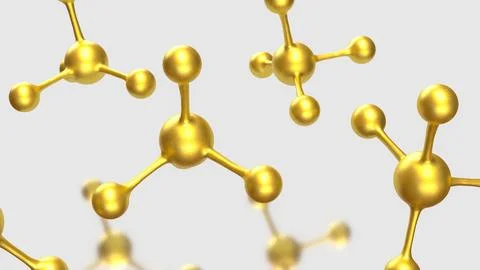 Golden Molecular Structures on Minimal White Scientific Background 3d render. 库存插图