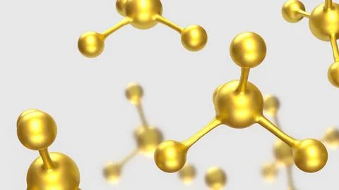 Golden Molecular Structures on Minimal White Scientific Background 3d render. 库存插图