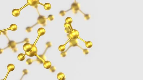 Golden Molecular Structures on Minimal White Scientific Background 3d render. 库存插图
