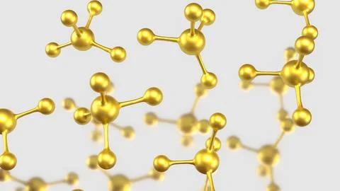 Golden Molecular Structures on Minimal White Scientific Background 3d render. 库存插图