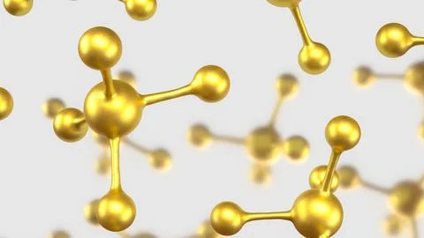 Golden Molecular Structures on Minimal White Scientific Background 3d render. Stock Illustration