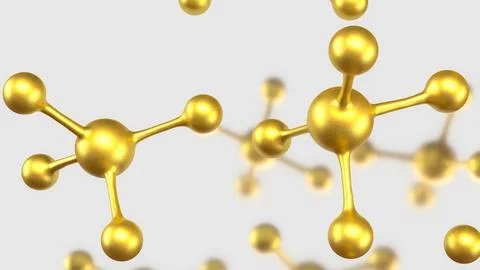 Golden Molecular Structures on Minimal White Scientific Background 3d render. Stock Illustration