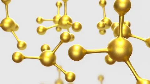 Golden Molecular Structures on Minimal White Scientific Background 3d render. Stock Illustration