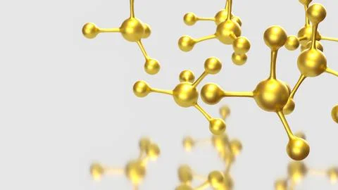 Golden Molecular Structures on Minimal White Scientific Background 3d render. Stock Illustration