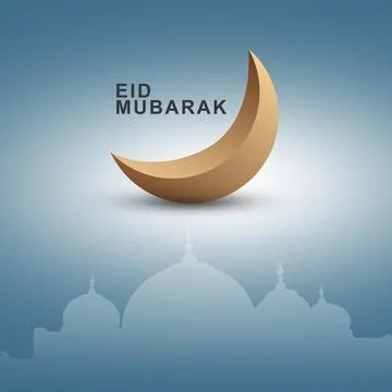 Golden moon with Eid Mubarak text, elegantly placed above a subtle mosque s.. Stock Illustration