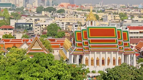 Golden Mount Temple Rooftop Architecture with Bangkok Cityscape Background Stock Footage 331260187