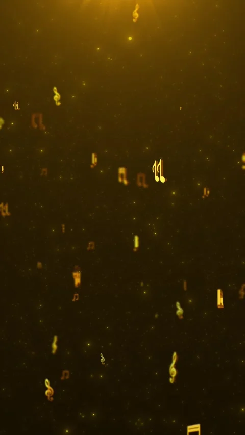 Golden music notes floating treble symbols, warm glow, sparkling particles, and Stock Footage 340568016