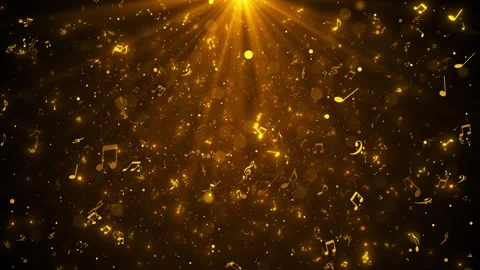 Golden music notes light glowing symbols, warm rays, floating particles, and fes Stock Footage 340477035