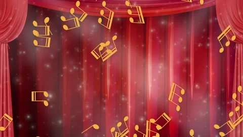 Golden Musical Notes Falling Over Red Theater Stage Curtains Stock Footage 340759477