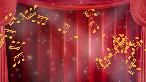 Golden Musical Notes Floating Over Red Theater Stage Curtains Stock Footage 341642936