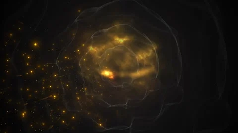 Golden nebula smoke vortex background with glowing particles, dark mesh waves, a Stock Footage 340421333