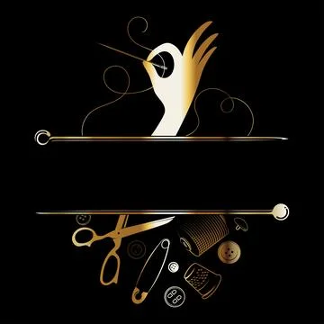 Golden needle and thread in hand and sewing accessories Illustration