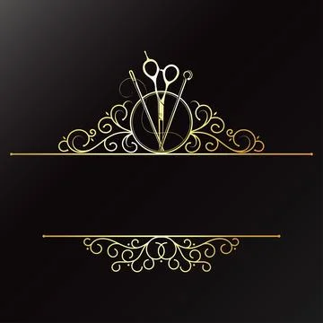 Golden needle and thread, scissors and pattern. Banner sign frame for sewing Illustration