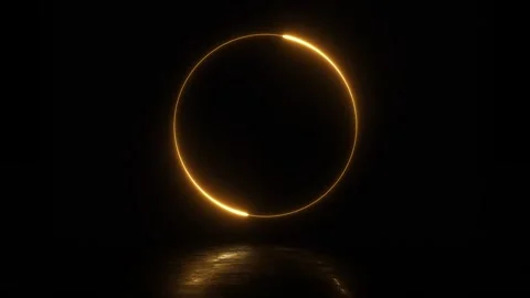 Golden neon circle frame with reflective glow on dark background animation loop Stock Footage 336852639