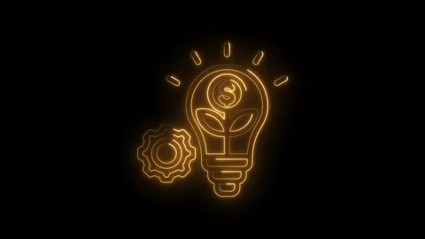 Golden neon light bulb with growing plant and dollar sign inside next to co.. Stock Footage 346899191