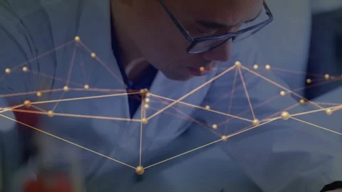 Golden network animating over workbench driving engineer testing PCB with probes Stock Footage 317207106