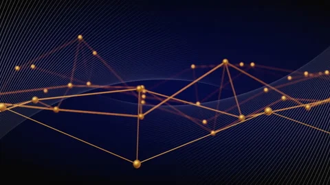 Golden network shifting angle triggers wireframe wave weaving through nodes Stock Footage 310972233
