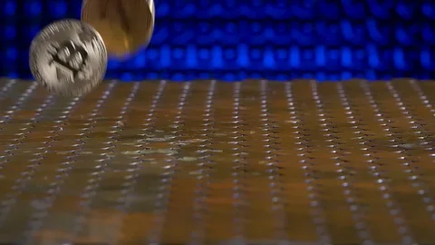 Golden network virtual value bitcoins are falling Stock Footage 95456905