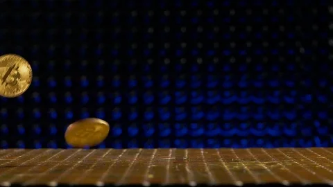 Golden network virtual value bitcoins are falling Stock Footage 95457426